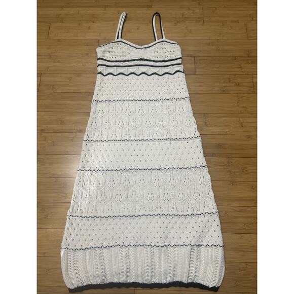 Boho Crochet Knit Maxi Dress – White with Black Trim Mediterranean Vibe Sz XL - Picture 3 of 8